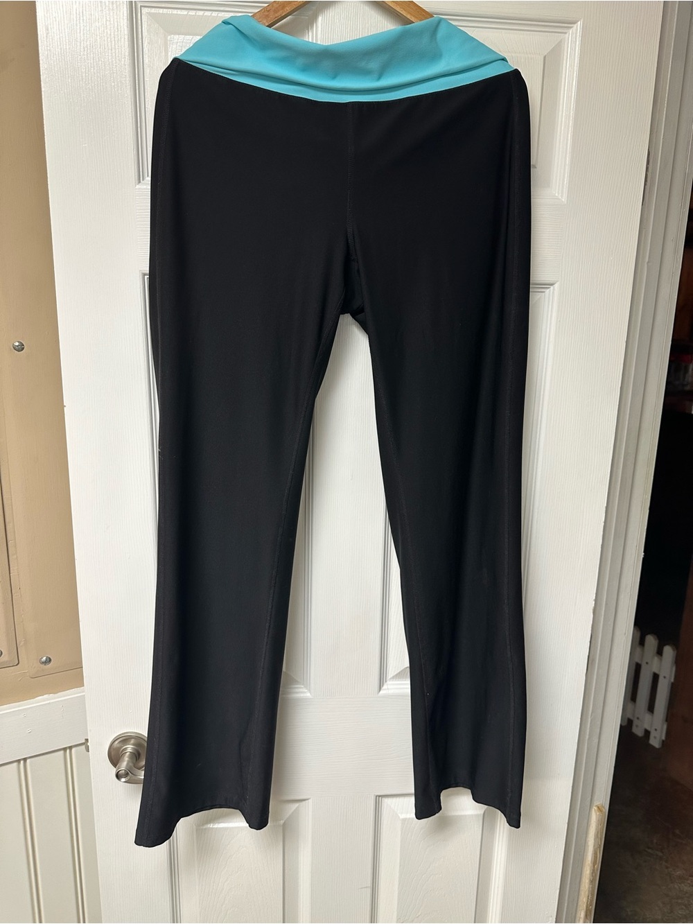 Xersion Black Wide-Leg Track Pants with Aqua Fold-Over Waistband
